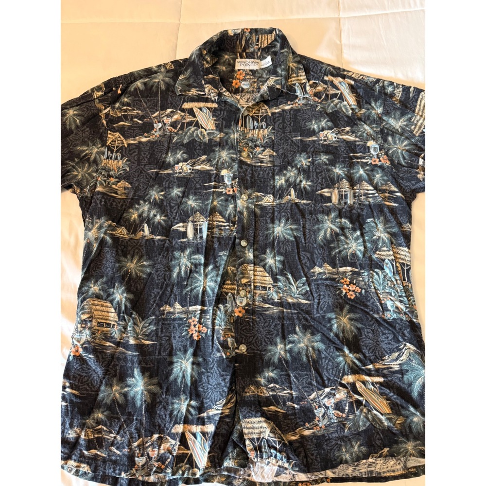Windham Pointe Mens Large Rayon Aloha Shirt Tropical Palm Tree Surfboard Navy